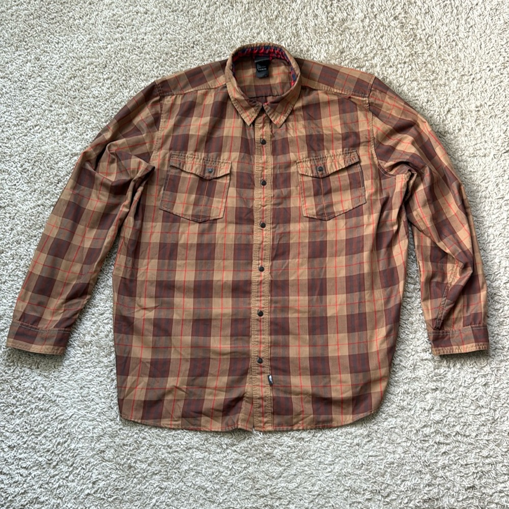 EUC Men’s The North Face Tan/Red Checkered Long Sleeve Snap Down Shirt Size XXL